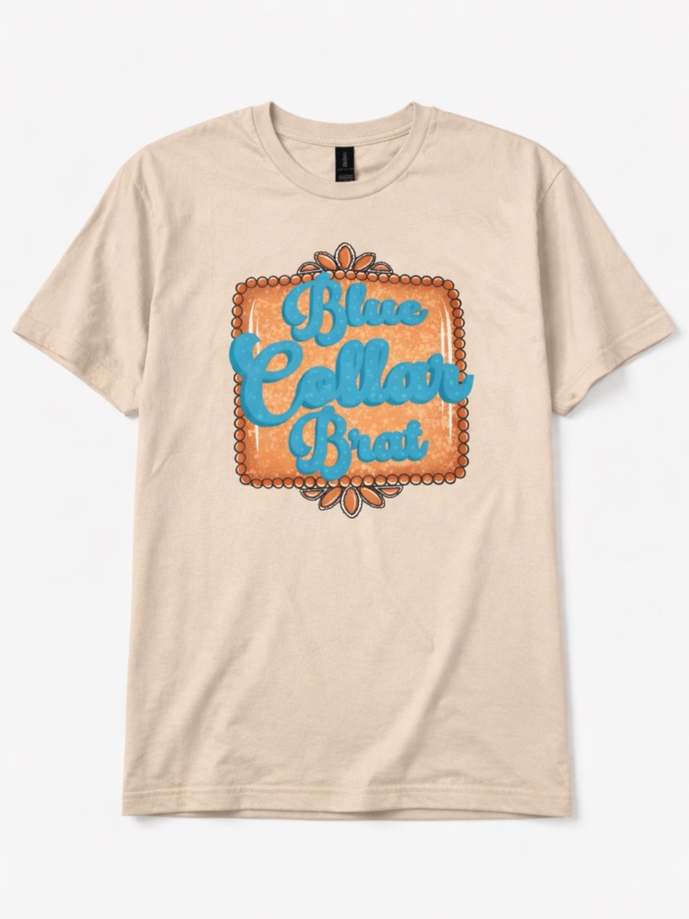 Blue Collar Brat Graphic Tee Gildan Beige Retro Western Boho Shirt Size L - Picture 2 of 4